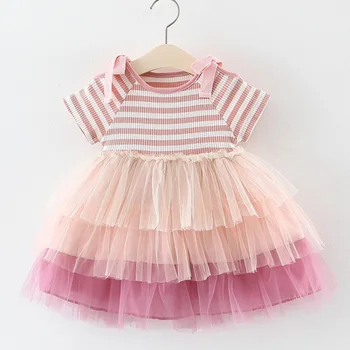 Toddler Prenses Elbise Çizgili Örgü Patchwork Yay Katmanlı Yaz Küçük Kız Giyim Ücretsiz Kargo