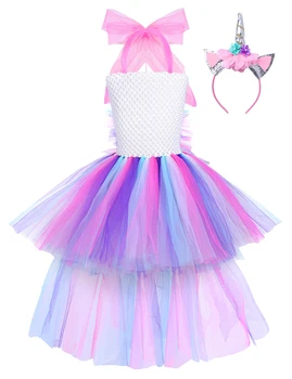 Tek boynuzlu at Prenses Pullu Elbise Yenidoğan Bebek Kız Kabarık Gökkuşağı Tutu Elbise Kafa Bandı ile Çocuk Doğum Günü Partisi Cosplay Giyinme