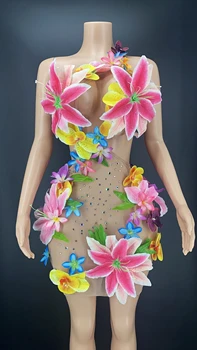 2022 sahne gösterisi Rhinestones Çıplak Örgü Şeffaf Çiçek Elbise Balo Doğum Günü Düğün Parti Elbise Gece Kulübü parti kıyafeti