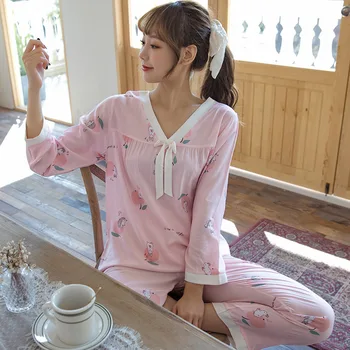 Kadın Pijama Pamuk V Yaka Pijama Yumuşak 2 Parça Setleri Rahat Baskı Gömlek ve Pantolon Samimi İç Çamaşırı 2021 Yeni Kıyafeti
