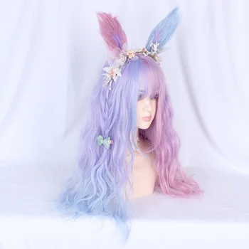Anime Cosplay Mix Lolita Uzun Kıvırcık Mor Karışık Mavi Ombre Patlama Çörekler Kafa Bandı Japonya Sevimli Bayanlar Cosplay Peruk