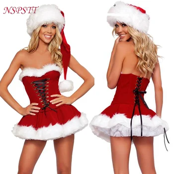 ROLECOS Noel Cosplay Kostüm Kadınlar Straplez Noel Elbise İç Çamaşırı Kıyafet Şapka İle