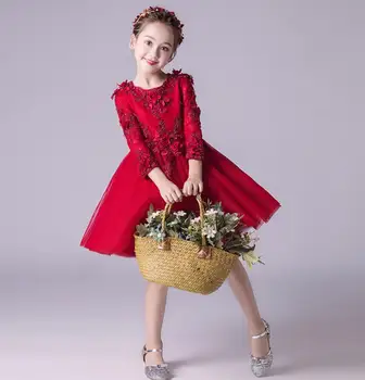 Glizt Kırmızı Tül Uzun Kollu Çiçek Kız Elbise Düğün Parti Pageant Prenses Çiçek Bebek Vaftiz Elbisesi İlk Communion Elbise