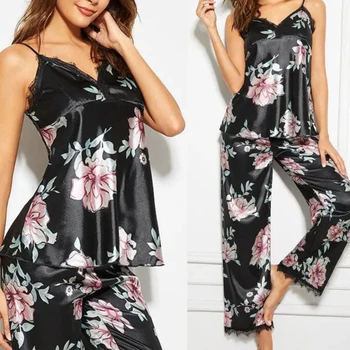 Yeni Kadın Saten Pijama Takım Elbise Bahar Dantel Trim Pijama pijama takımı Baskı Çiçek Kıyafeti Rahat Ev Giyim İç Çamaşırı Takım Elbise S-XL