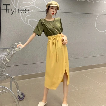 Trytree 2020 Yaz Kadın İki Parçalı Set Rahat O-Boyun Katı Üstleri + Etek Yüksek Bel Bölünmüş hem Moda Zarif Kemer 2 Parça Set