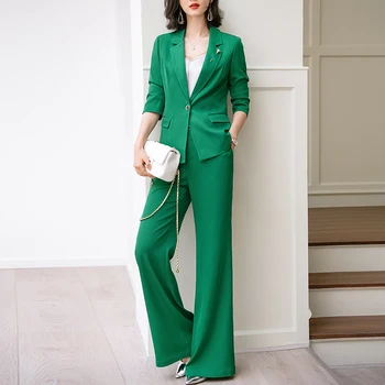 Bahar Sonbahar Zarif kadın Pantolon Takım Elbise Şık Moda Yeşil Ofis Bayan Takım Elbise 2 Parça Set Rahat Blazer Kadın Takım Elbise Custom Made