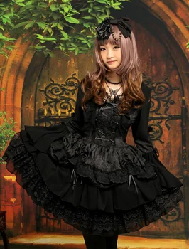 Gotik Siyah Lolita Tek Parça Elbise Uzun Hime Kollu Dantel Up Katmanlar Dantel Trim