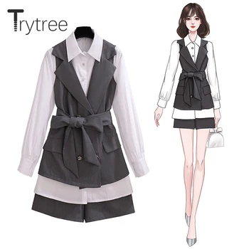 Trytree 2020 Sonbahar Çekici Parça Kadın Setleri Ofis Bayan Kişiselleştirilmiş Düğmeler Yelek Patchwork Bluz + Şort günlük giysi 2 Parça Set