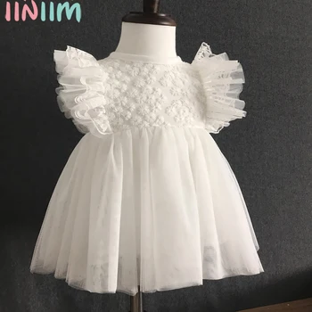 Bebek Bebek Kız Çiçek Elbiseler Vaftiz Önlükler Yenidoğan Bebek Vaftiz Elbise Prenses Örgü Tutu Doğum Günü Beyaz Tül Elbise