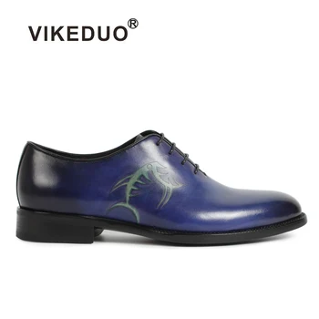 VİKEDUO 2020 Yaz Hakiki deri ayakkabı Erkekler İçin Desen Boyama Erkek Resmi Düğün Ofis Oxford Ayakkabı Mavi Zapatos Hombre