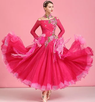 Yetişkin Balo Salonu Yarışması Dans Elbise 2023 Yeni Standart Balo Salonu Elbiseler Kadın Gül Kırmızı Uzun kollu Tango Vals Dans Etek