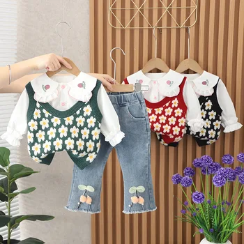 2022 Sonbahar Kore Tarzı Bebek Kız 3 ADET Giysi Set Çiçek Kazak Yelek Uzun Kollu Yaka Gömlek Kot Bebek Yürümeye Başlayan Kız Takım Elbise