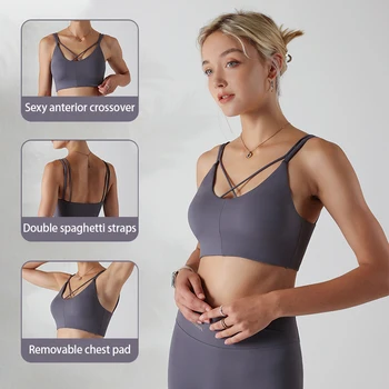 Yeni Süper Seksi Bant Logosu Bayanlar Spor İç Çamaşırı Yüksek Elastik Darbeye Dayanıklı Spor Yoga Sutyen Çift Sapanlar Çapraz Dikişsiz Boru Üst