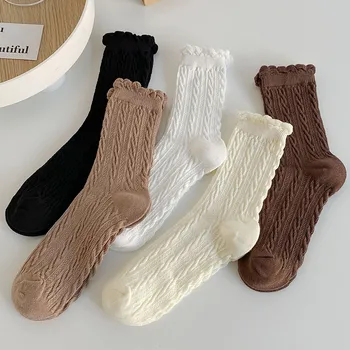 5 pairs Sevimli Katı Dantel Çorap Kadın Fırfır Çorap Japon Tarzı Pamuk Çorap Siyah Beyaz Lolita Kız Moda Kore Kazık Uzun Çorap
