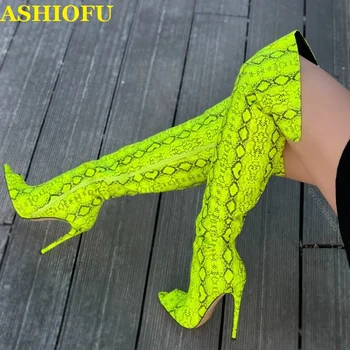 ASHIOFU Yeni Stil El Yapımı Bayanlar Over-the-diz Çizmeler Faux-Snakeskins Moda Uyluk Yüksek Çizmeler Peep-ayak Seksi Kulübü Moda Çizmeler