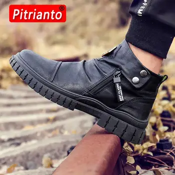 Yarım çizmeler Erkekler için Siyah PU deri rahat ayakkabılar Bahar Rahat Platform Çizme Yüksek top 2022 Kış Peluş Sıcak Patik Adam