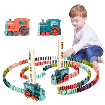 Çocuklar DIY elektrikli Domino tren araç seti ses ve ışık otomatik döşeme Domino tuğla blokları oyunu eğitici oyuncak hediye