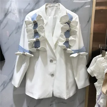 İlkbahar Sonbahar Ceket Kadın Güzel Takım Elbise Ceket Beyaz Blazer Mavi Şerit Yay Yama Kadın Yıpratır Blazer Femenino 2021