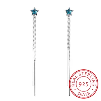 Mizaç 925 Ayar Gümüş Mavi Kristal Yıldız Uzun Püskül Kulak Hattı Dangle Küpe Kadınlar Hediye İçin moda takı E769
