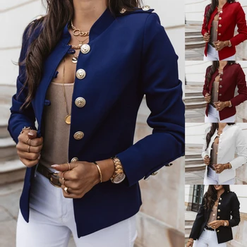 Kadınlar 2021 Moda Metal Kruvaze Yün Blazers Ceket Vintage Uzun Kollu Kadın Giyim Chic Tops