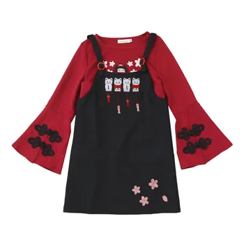 Kadın Elbise Setleri Kırmızı Çiçek Nakış O-Boyun T Shirt ve Yüksek Bel Siyah Mini kemerli elbise Sonbahar 2 Parça Tatlı Seti Kızlar