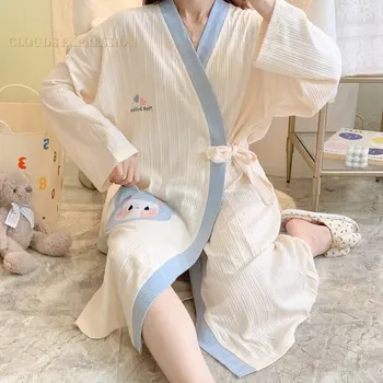 Bahar Yeni Örgü Kimono Pijama Kadın Elbise Uzun Elbiseler Bornoz Kadın Gecelikleri Bayan Gecelik Salonu Ev Moda Kollu 