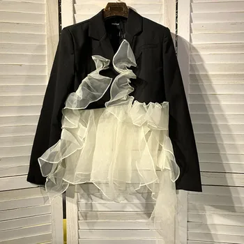 İlkbahar sonbahar moda kadın organze dikiş blazer ofis bayan ol düzensiz küçük takım elbise
