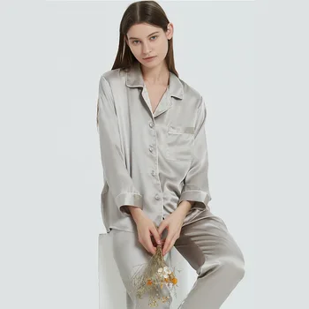 Birdsky, 1 takım Kadın pijama pijama pijama takımı kıyafeti uzun kollu dantel pijama V Boyun %100 % dut ıpek saten katı, S-313