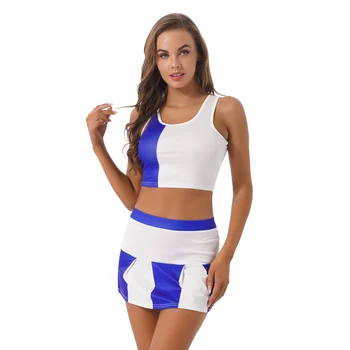 Kadın Amigo Kıyafetler Moda Renk Bloğu Spor spor Takım Elbise Kızlar U Boyun Kolsuz Kırpılmış Tank Top Pilili Etek ile