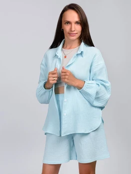 Lınad Pamuklu kadın Ev Giysileri Mavi 2 Parça Setleri Gevşek Uzun Kollu Pijama Kadın Rahat Takım Elbise Şort Sonbahar 2022
