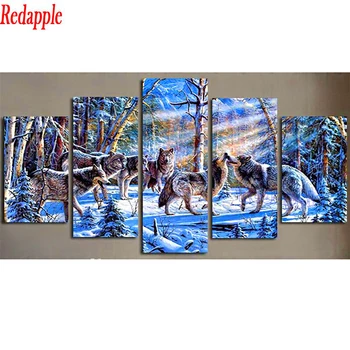 5 panel Elmas Boyama kar kurt Yeni Elmas Mozaik Resimleri elmas sanat Rhinestones İle orman ağacı hayvanlar manzara dekor