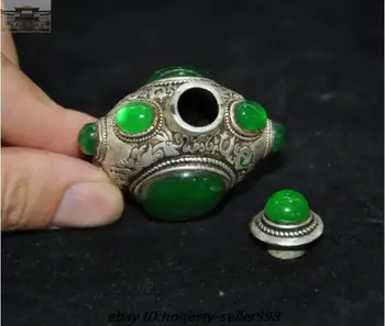 Işaretli Eski Çin Gümüş kakma Yeşil Yeşim Çiçek desen enfiye şişesi Heykeli
