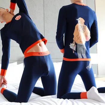 Erkek termal iç çamaşır Seti Kişiselleştirilmiş Spor Sonbahar Giysi ve Pantolon İnce Yuvarlak Boyun Ev Sıcak Giyim