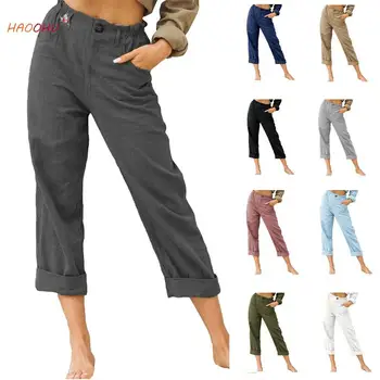2021 Vintage Kentsel kadın Kırpılmış Pantolon Düz Renk Pamuk Keten Moda Gevşek Yüksek Bel Rahat yazlık pantolonlar Giyim