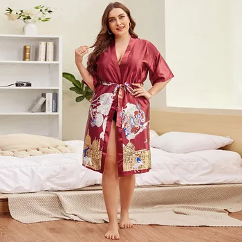 Kadın Bornoz Gecelik Gecelik Kadın Kıyafeti Kimono Pijama Artı Boyutu Baskı Saten Düğün Ücretsiz Kargo Elbise