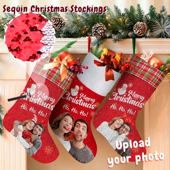 M Yescustom Fotoğraf Çorap Çorap Özel Fotoğraf Çift Kırmızı Arka Plan Merry Christmas Çorap Kişiselleştirilmiş Noel Pullu Çorap