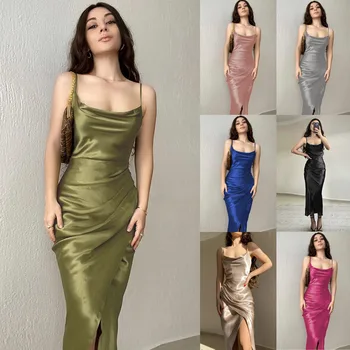 2023 ilkbahar ve yaz aylarında seksi dekolteli saten split askılı elbise