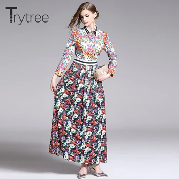 Trytree 2020 Yaz Sonbahar Kadın Elbise Casual Turn-aşağı Yaka Gömlek Elbiseler Baskı Çiçek A-line Ayak Bileği Uzunlukta Ofis Bayan Elbise