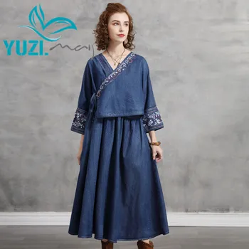 Kadın Elbisesi 2021 Yuzi.mayıs Boho Yeni Denim Elbiseler Kadın V Yaka A-line Vintage Nakış Gevşek Vestidos A82290 Vestido