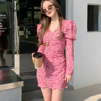 Çiçek Puf Kollu Mini Elbise Kore kadın Seksi Yüksek Bel İnce Vücut Tabanı Bir Çizgi Elbiseler V Boyun Tam Kollu kıyafetler elbiseler