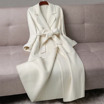 İnce Çift taraflı Kaşmir Ceket Kadın 2023 Sonbahar Kış Yeni Moda Kemer Uzun Palto Katı Rahat Kadın Yün Palto Cep