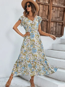 Jastie Boho Şifon Maxi Elbise Kadınlar Çiçek Baskı V Boyun Kısa Kollu Fırfır Etek Vestidos Yüksek Bel Plaj Günlük Elbiseler Yaz