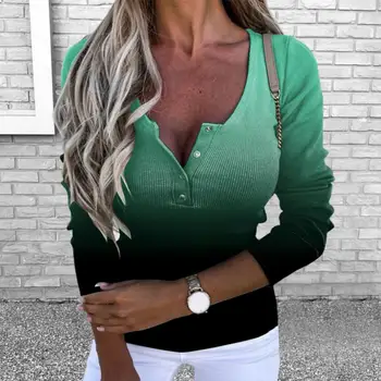 Temel Üst U Yaka Uzun Kollu Düğmeler Yarım Placket Kadın Bluz Sonbahar Kış Degrade Renk Nervürlü Dip Üst Streetwear