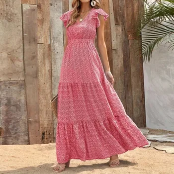 Kadın Yaz V Boyun Yüksek Bel Boho uzun elbise Fırfır Kollu Çiçek Baskılı evaze elbise Tatil Beachwear