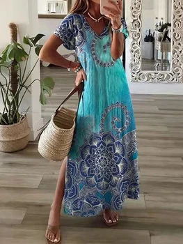 Vintage Baskılı Kadın Yaz Kazak Elbiseler Eleagnat V Boyun Şık Bölünmüş Kadın Maxi Elbise 2022 Gevşek Kısa Kollu rahat elbise