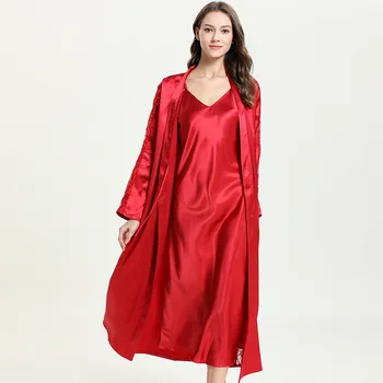 Fransız Tarzı Pijama Uzun Kimono Elbise Gecelik Seti Seksi Dantel Trim Kadın Bornoz Gevşek Yaz Saten Gecelik Ev Giyim