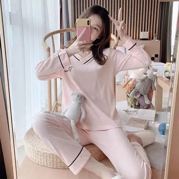 SUO ve CHAO 2023 Yeni Sonbahar kışlık pijama Seti Bayan Kızlar İçin Uzun Kollu Yuvarlak Boyun Baskı Pijama Gecelik Pijama Gecelik