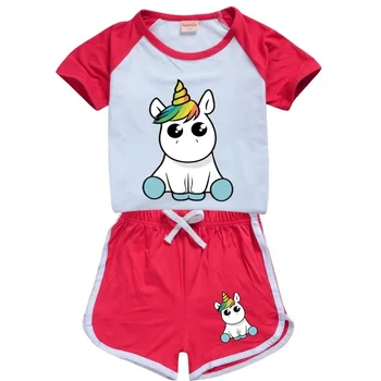 Toddler Kız Yaz Kısa Kollu Giyim Seti unicorn T-shirt + Pantolon 2 3 4 5 6 7 8 9 10 11 12 13 14 15 16 Yıl Bebek Çocuk Kıyafetleri
