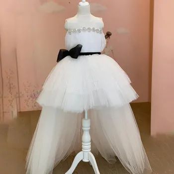 Beyaz Tül Prenses Çiçek Kız Elbise Parti Kıyafeti Yüksek Düşük Tarzı Çocuk Doğum Günü Elbise İlk Communion Elbise