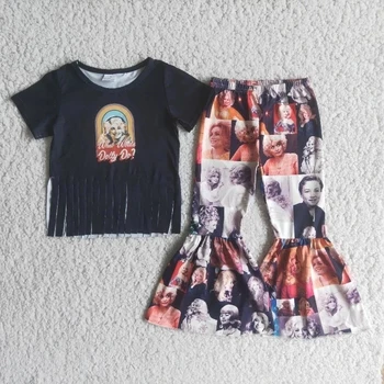 Toptan Butik Çocuk Bebek Kız Giyim Siyah Kollu Müzik Şarkıcı Püskül Setleri Çocuklar Bells Pantolon Toddler Moda Kıyafet